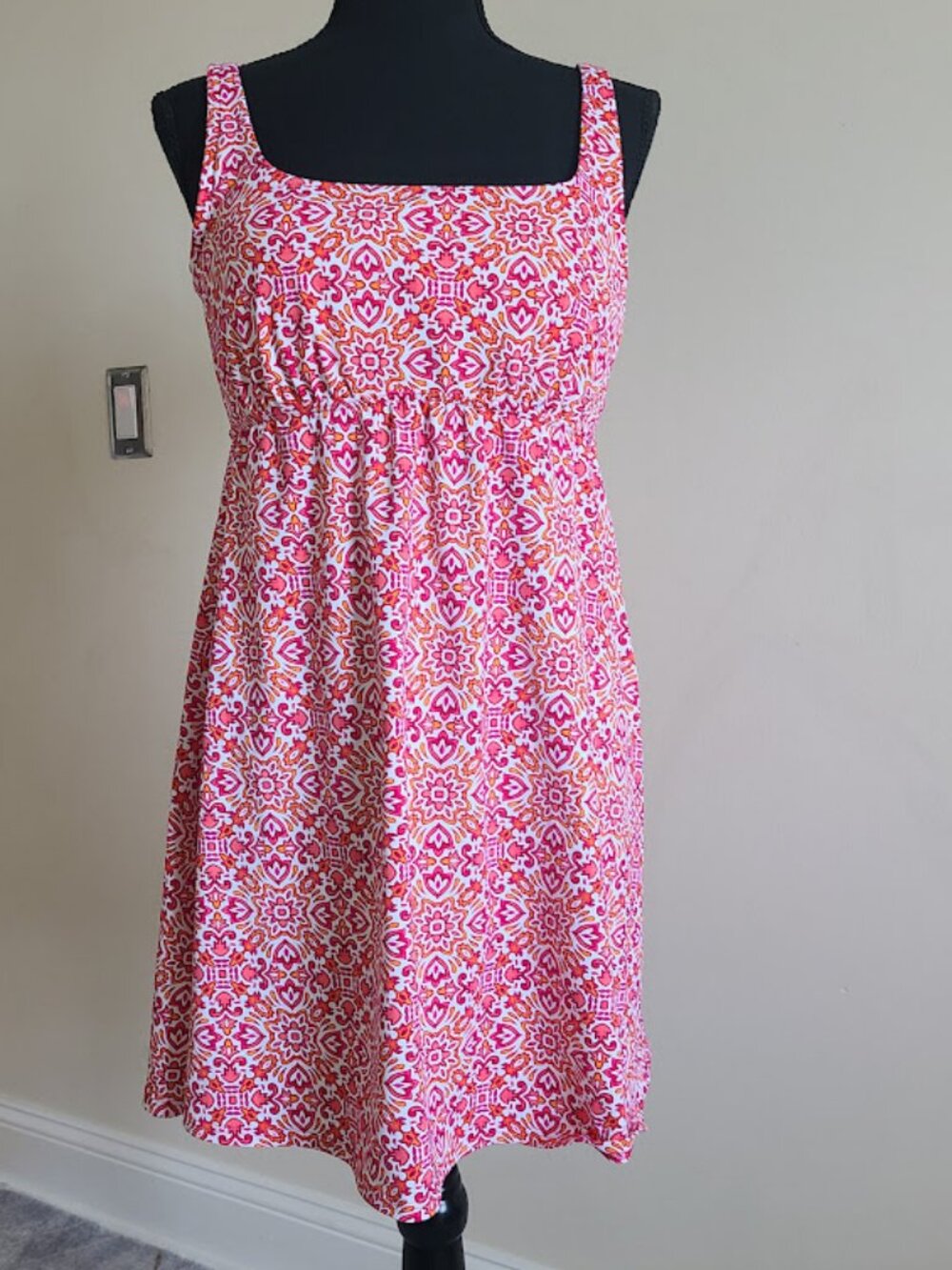 Lands’ End Swim Dress Size 12 Pink Orange Floral Built In Bra Shelf Bra